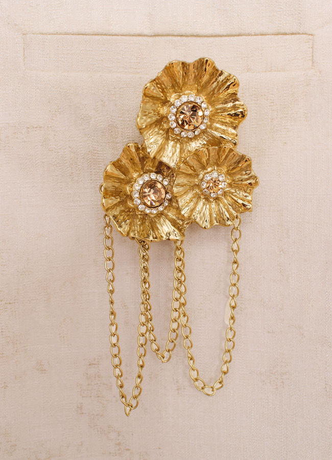 Golden Stone Studded Floral Trio Chain Brooch image number 1